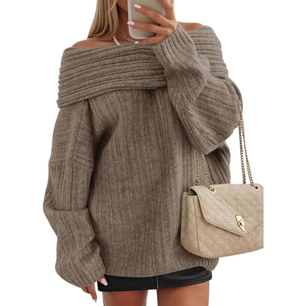 Off The Shoulder Sweater, Oversized Long Sleeve Ribbed Knit Pullover, Brown, S